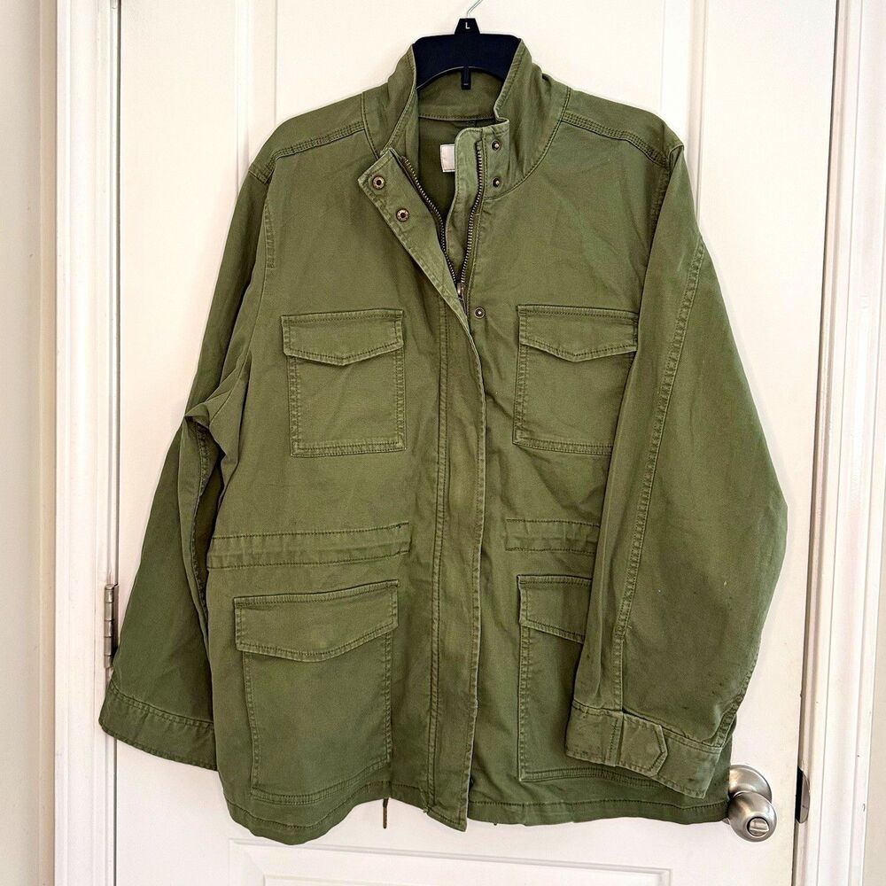Time and Tru Men's Green Military Jacket Stand-Up Collar Button Pockets XXL